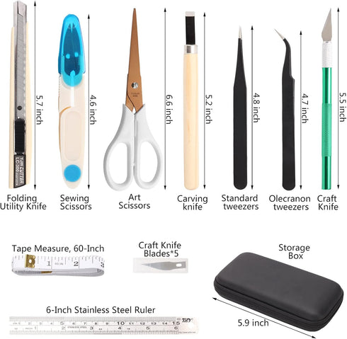 MILUSONG 9-in-1 Basic Portable Tools Kit Includes Scissors, Utility Knife, Craft Knife, Ruler, Tape Measure, Sewing Scissors, Tweezers toos Set fo...