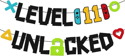 Level 11th Unlocked Sign Banner Happy 11th Birthday Level Up Eleventh Bday Party Decorations for Video Game Controller Themed Kids Boy Girl Birthd...