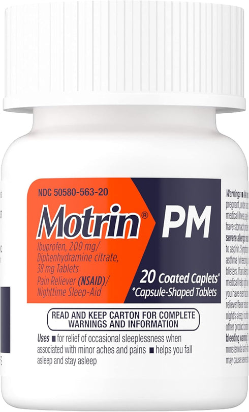 Motrin PM Caplets, 200 mg Ibuprofen & 38 mg Sleep Aid, Nighttime Relief for Minor Pains, 20 ct...