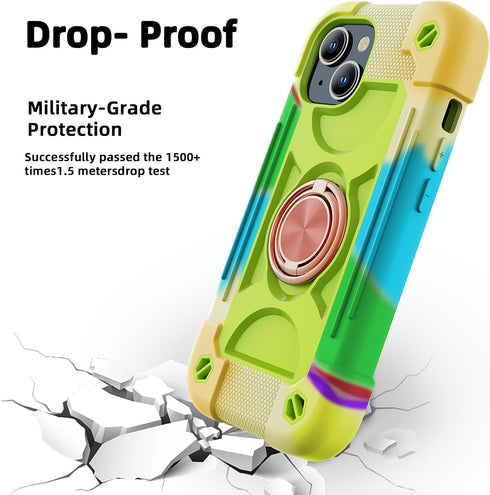 Compatible with iPhone 15 Case 6.1" - Heavy-Duty Shockproof Military-Grade Rugged Cover with Ring Stand, Glass Screen Protector & Camera Lens Prot...