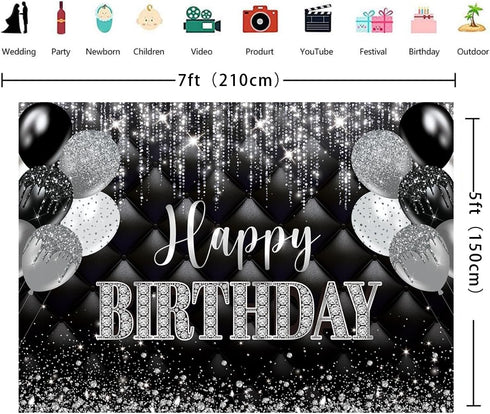 Black Silver Happy Birthday Banner Backdrop 7x5FT Black and Silver Party Decorations Silver Glitter Birthday Background for Women Men Birthday Par...