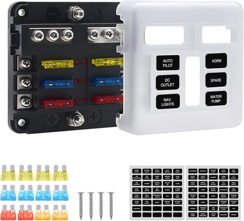 Geloo 12V Fuse Block for Boat, 6 Way Marine Fuse Block with LED Indicator, ATC/ATO Waterproof Blade Fuses Box, 6 Circuits Boat Fuse Panel for Mari...