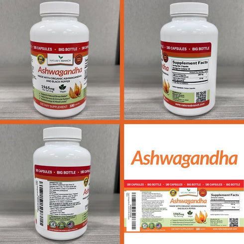 UDAF Certified Organic Ashwagandha with Black Pepper - 180 Capsules - 1965mg Extra Strength for Stress, Sleep, Mood, Thyroid, Focus, Hair, Vegan P...