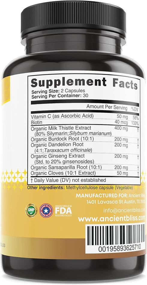 Ancient Bliss Liver Love - Natural Milk Thistle Liver Detox and Liver Health Cleanse Supplement - Support Healthy Liver in Men and Women - 60 Caps...