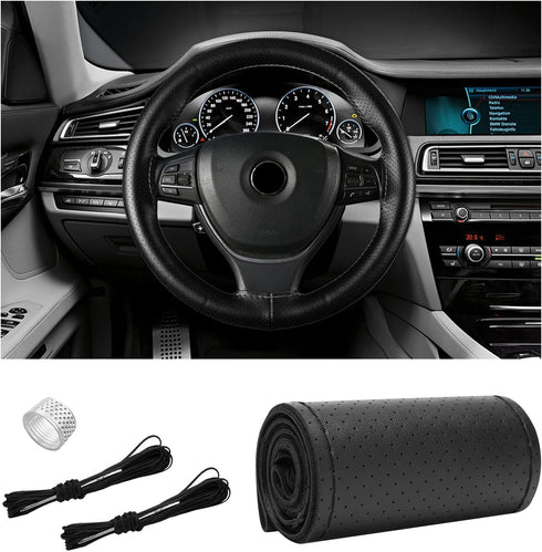 Leather Steering Wheel Cover, Stitch On Wrap, Breathable Anti-Slip Car Steering Wheel Protector for Max Diameter 15'', DIY Sewing with Needle Thre...