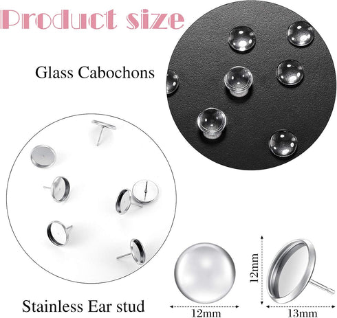 200 Pieces Stud Earring Kit, Including 50 Pieces 12 mm Stainless Steel Blank Stud 50 Rubber Back, 50 Pieces 12 mm Clear Glass Cabochons 50 Stainle...