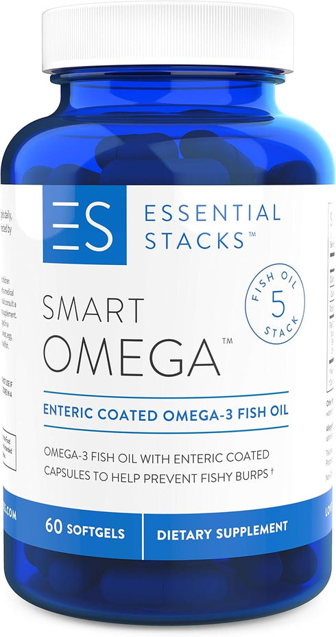 Essential Stacks Smart Omega 3 - Burpless Fish Oil - 1400mg EPA DHA Per Serving, Enteric Coated (60 Capsules)...