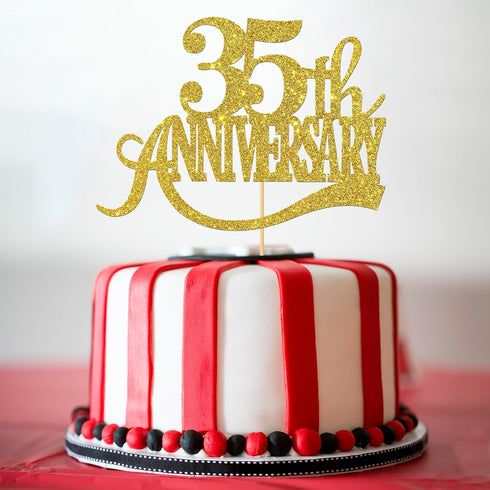 Gold Glitter 35th Anniversary Cake Topper - for Happy 35th Wedding Anniversary / 35th Birthday Party/Cheers to 35 Years Party Decorations...