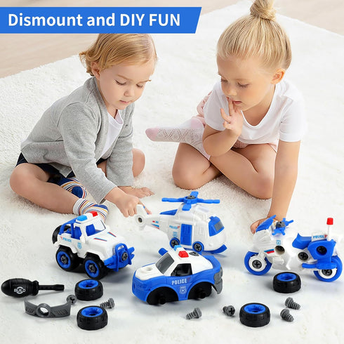 4PCS Take Apart Toys for 3-8 Year Old Boys Construction Toys DIY Assembly Police Car Toy Airplane Toy Motorbike Toy Boys Girls Kids Learning Educa...