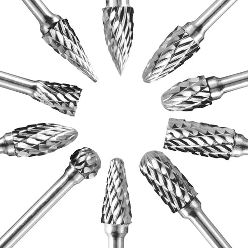 Tungsten Carbide Burr Set, 1/8" Shank 10PC Double Cut Die Grinder Rotary Tool Cutting Burrs Set for Metal and Wood Working Carving, Engraving, Pol...