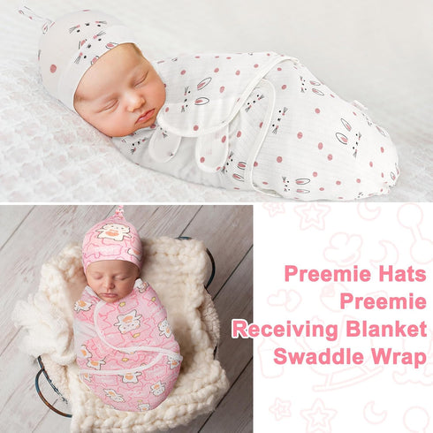 3 Pack Preemie Swaddle Blanket with Hat Set Preemie Hats Baby Receiving Blanket Swaddle Wrap for Preemie Newborn (Cute Style)...