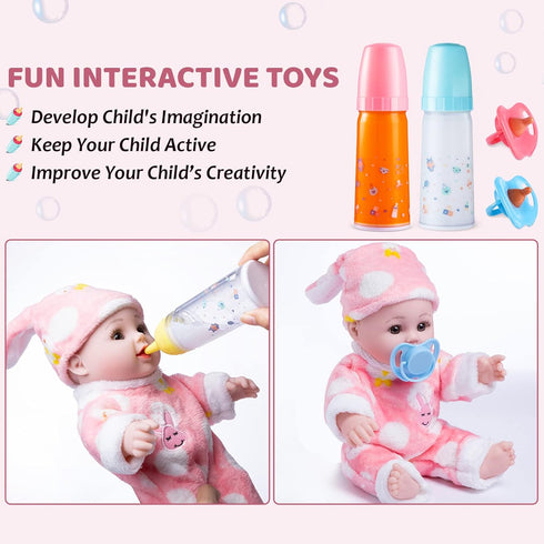 JOYIN Doll Magic Bottle Set, 2 Disappearing Magic Milk & Juice Bottles with Caps and 2 Toy Pacifiers Baby Doll Accessories Feeding Set Stuff for G...