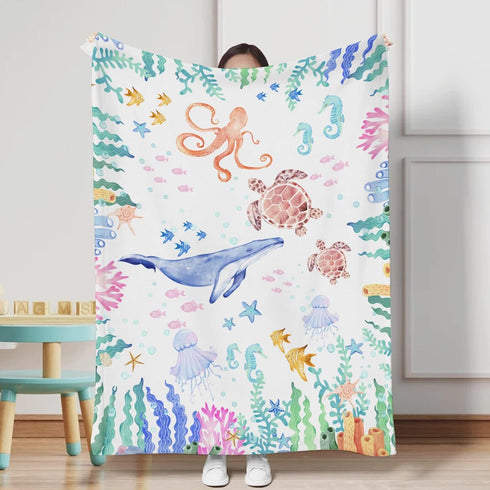 Baby Toddler Sea Animals Blanket Gift for Girl Boy Ocean Whale Turtle Jellyfish Starfish Corals Sea Weeds Flannel Swaddle Blankets Nautical Marine...