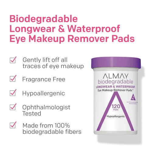 Almay Biodegradable Makeup Remover Pads, Longwear & Waterproof, Hypoallergenic, Fragrance-Free, Dermatologist & Ophthalmologist Tested, 80 count...