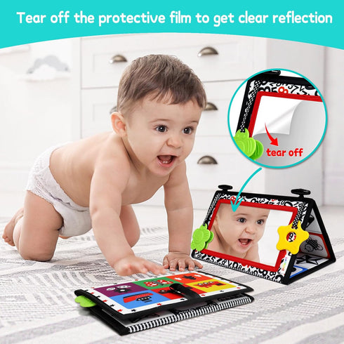Dr.Rapeti Tummy Time Floor Mirror for Baby Infant Toddler Kids Black and White High Contrast baby toy with Teethers Floor Activity Toy Washable No...
