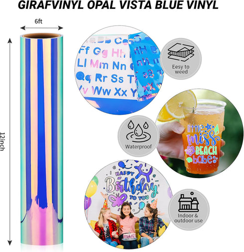 GIRAFVINYL Vista Blue Holographic Opal Vinyl - 12 Inch X 6 Feet Blue Vinyl Permanent for Home Decoration, Opal Hyacinth Blue...