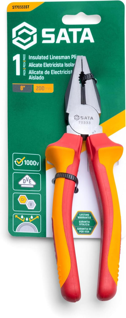 SATA 8-Inch VDE Insulated Linesman Combination Pliers with Chrome Vanadium Steel Body and Dual Material Anti-Slip Handles - ST70333ST...