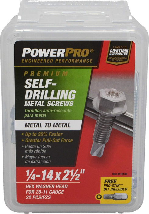 Power Pro Premium Self-Drilling Metal Screws, Zinc Plated Steel, Hex Washer Head Metal to Metal Winged Point Screws, Silver, ¼ x 2-½ inches, Box o...