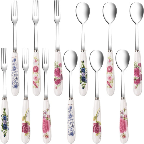 12 Pieces Forks and Spoons with Ceramics Handle, Stainless Steel Utensils Dessert Spoons and Forks Set for 6, Cutlery Set with Flower Pattern, Fla...