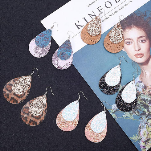 SUNNYCLUE 66Pcs DIY Make 6 Pairs Faux Leather Charms Double Layered Teardrop Drop Charm Dangle Bohemian Earring Making Starter Kit Leopard Print B...
