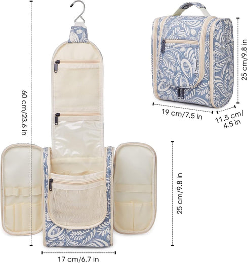 Narwey Hanging Toiletry Bag Women Travel Makeup Bag Organizer Toiletries Bag for Travel Size Essentials Accessories Cosmetics (Medium, Blue Leaf-1...