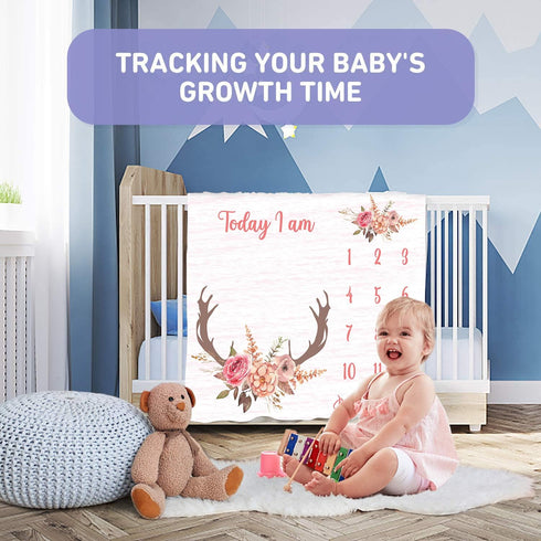 Monthly Milestone Blanket for Baby Girl, Deer Antler Flowers with Words Pink Baby Growth Chart Monthly Blanket | includes Markers 47"x47" BTLSPH68...