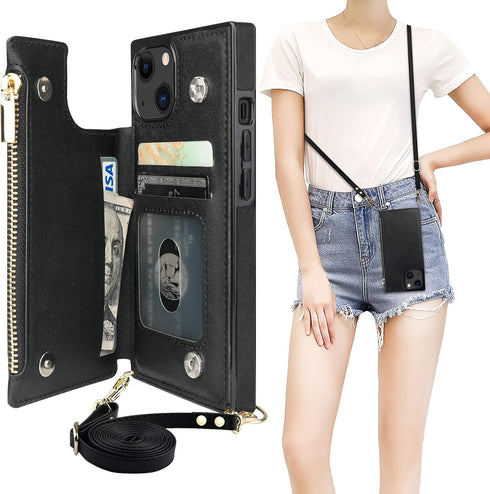 Bocasal Crossbody Wallet Case for iPhone 13 with RFID Blocking Card Slot Holder, Magnetic Flip Folio Purse Case, PU Leather Zipper Handbag with De...