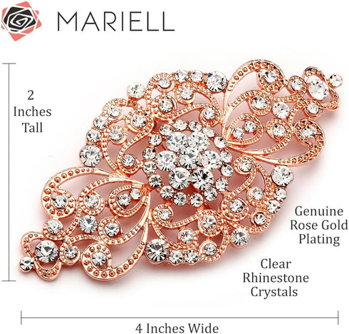 Mariell Vintage Bridal Crystal Brooch Pin, 4" Wide, Rose Gold Wedding Pin, Rhinestone Brooch for Brides and Wedding, Art Deco Fashion Accessory...
