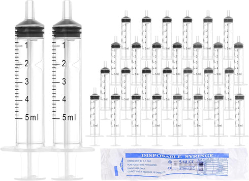 30 Pack 5ml Syringe without Needle for Liquid Measurement Tools Individually Sealed Package for Scientific Labs,Feeding Small Animals,Watering,Dis...