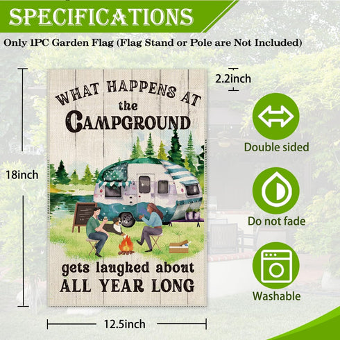 What Happens at Campground Get Laughed Garden Flag, 12 x 18 Inch Holiday Yard Outdoor Farmhouse Lawn Decoration Flag, RV Campground Bonfire Campin...
