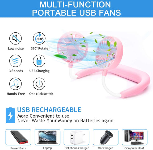 RJVW Portable Neck Fan, Hand Free Personal Hanging Neck Sports Fan USB Rechargeable (3 Speed Adjustable) Wearable Cooling Head Fan,360 Degree Free...