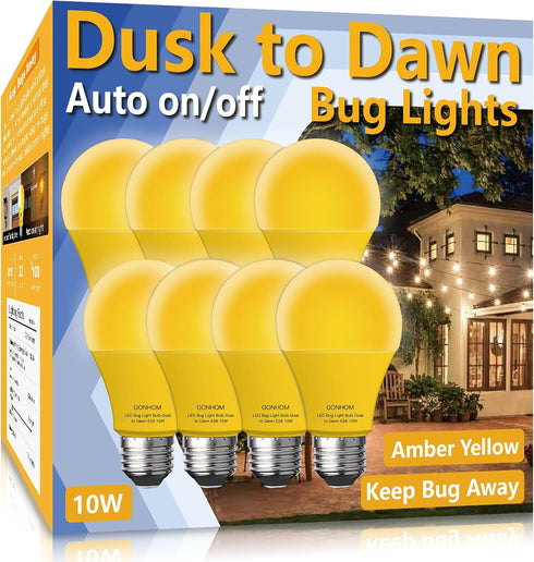 Dusk to Dawn Bug Light Bulb Outdoor,8 Pack Amber Bug Light Bulb,Auto On/Off,10W(100W Equivalent),E26 Base,Bug Lights for Outside.Home Hallway Porc...