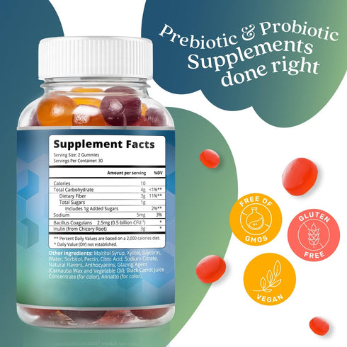 BeLive Prebiotic Fiber & Probiotic Gummies – High Strength Inulin (3g), Dietary Fiber Supplement, Digestive Support for Kids - Strawberry, Lemon, ...