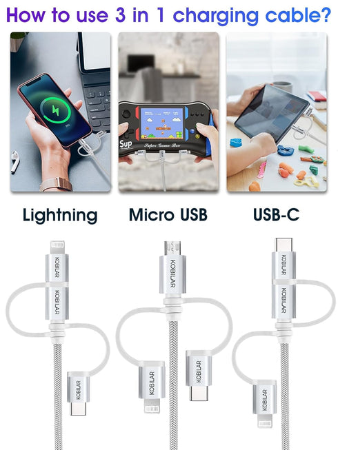 [Apple MFi Certified 3 in 1 Charging Cable, CarPlay Cable, USB A to Lightning/Type-C/Micro, Multi Charger Cable, Compatible with iPhone,iPad,Samsu...