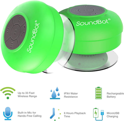 Soundbot SB510 HD Water Resistant Bluetooth Shower Speaker, Handsfree Portable Speakerphone with Built-in Mic, 6hrs of Playtime, Control Buttons a...