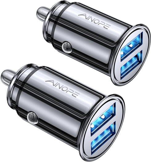 AINOPE 2 Pack Fast Mini Car Charger Adapter, 4.8A Metal Cigarette Lightter USB Car Charger Flush Fit, Dual Port Fit for iPhone 16 15 14 13 12 Pro ...