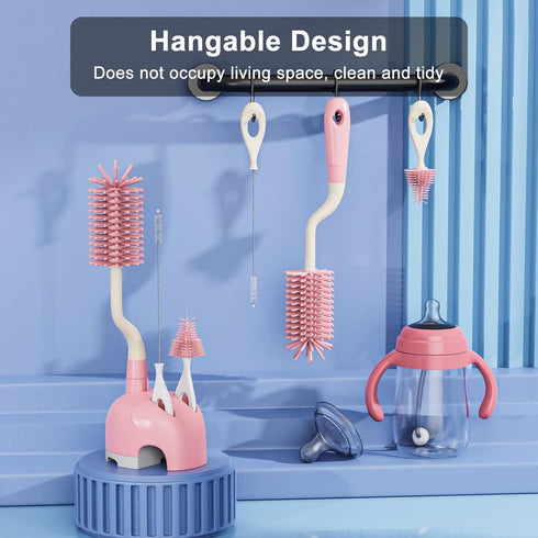 Silicone Bottle Brush Set with Stand, 360° Rotating Silicone Bottle Cleaning Brush Cleaner Set, Long Handle 3 in 1 multipurpose Silicone Baby Bott...