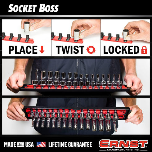 Ernst Mfg. 8493 RD Socket BOSS Tray High-Density System with (2) Red 13" Socket Rail + (28) Twist Lock Clips, 3/8" Drive - Made in USA...