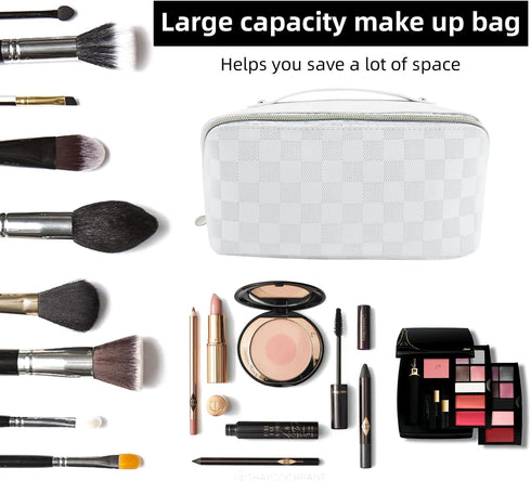 Travel Makeup Bag,Large Capacity Cosmetic Bags for Women,Waterproof Portable Pouch Open Flat Toiletry Bag Make up Organizer with Divider (White)...