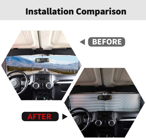 Windshield Flag Sunshade Sun Shade Heat Shield Sun Visor Mat Compatible with Jeep Wrangler Rubicon Sahara TJ JK JKU 2 Door & 4 Door...