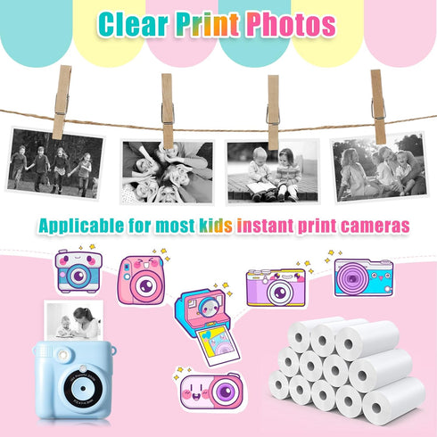 12 Rolls Instant Print Camera for Kids Refill Print Paper - Hikkon Thermal Print Paper Rolls Photo Print HD Printing for Most Kids Instant Camera ...