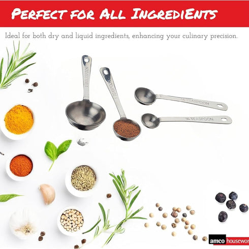 Amco Stainless Steel Measuring Spoons Set, 4-Piece - Stackable, Ergonomic Handles, Easy-to-Read Engraved Measurements, Well-Rounded Design for Liq...