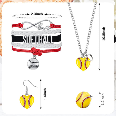Junkin 4 Pieces Softball Jewelry Set Softball Heart Necklace Bracelet Dangle Drop Earrings Stud Earrings Handmade Pendant Charms for Women...