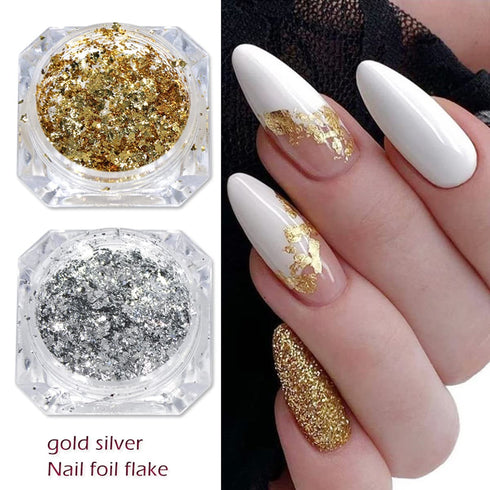Holographic Gold Silver Nail Foil Glitter Flakes 3D Sparkly Aluminum Foil Flake Mirror Powder Nail Art Supplies Irregular Foil Glitter Chip Nail D...