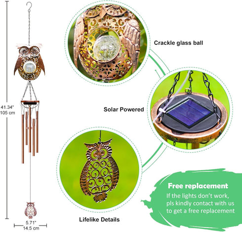 Solar Owl Wind Chimes Garden Decor – Metal Memorial Wind-Chime with 5 Tuned Tubes,Garden Otudoor Patio Balcony Tree Ornaments,Birthday Gifts for M...