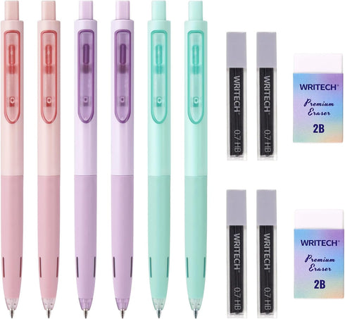 WRITECH Up Mechanical Pencil Set: 6ct Pastel Mechanical Pencils 0.7mm with 4 Tubes of HB Lead Refills and 2 Extra Erasers for Writing Drawing Sket...