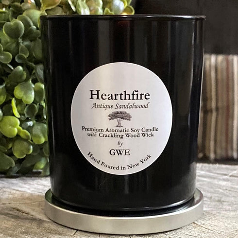 Hearthfire - Sandalwood Scented Soy Candle w/Natural Oils, Wood Wick, Smoky Dark Sweet, Made in The USA in Black Jar - Aromatherapy, Gifts for Hou...