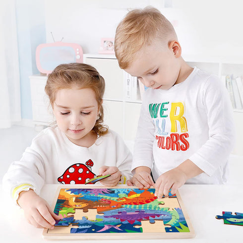 24 Piece Puzzles for Kids Ages 3-5, Unique Pieces Dinosaur Puzzle for Kids Ages 2-4, Wooden Jigsaw Puzzle for 2 3 4 5 Year Old Toddlers with Puzzl...