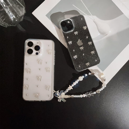 Phone Case for iPhone 15 Plus 14 Plus Clear Glitter Cute Bow Knot Aesthetic Girly Phone Case with Phone Charms Chain Bracelet Soft Protective Cove...