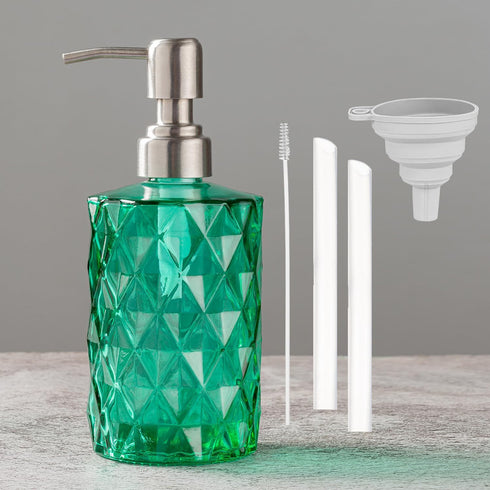 Easy Tang Glass Soap Dispenser Bathroom Kitchen 12 Oz Crystal Design with Silver Pump, Refillable Liquid Soap Dispenser (Green)...